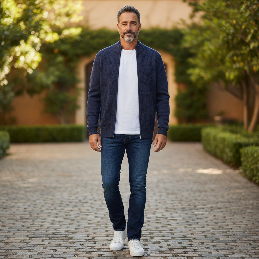 Fynch-Hatton - Mens Knitwear - Cardigan Stand-Up Strucutre - Navy 690 - Wildvine Clothing, Spalding, Lincolnshire