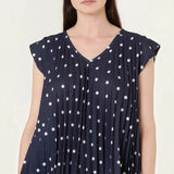 Ladies - V-Neck Polka Dot Pleated Top - Navy - Wildvine Clothing, Spalding, Lincolnshire