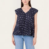 Ladies - V-Neck Polka Dot Pleated Top - Navy - Wildvine Clothing, Spalding, Lincolnshire