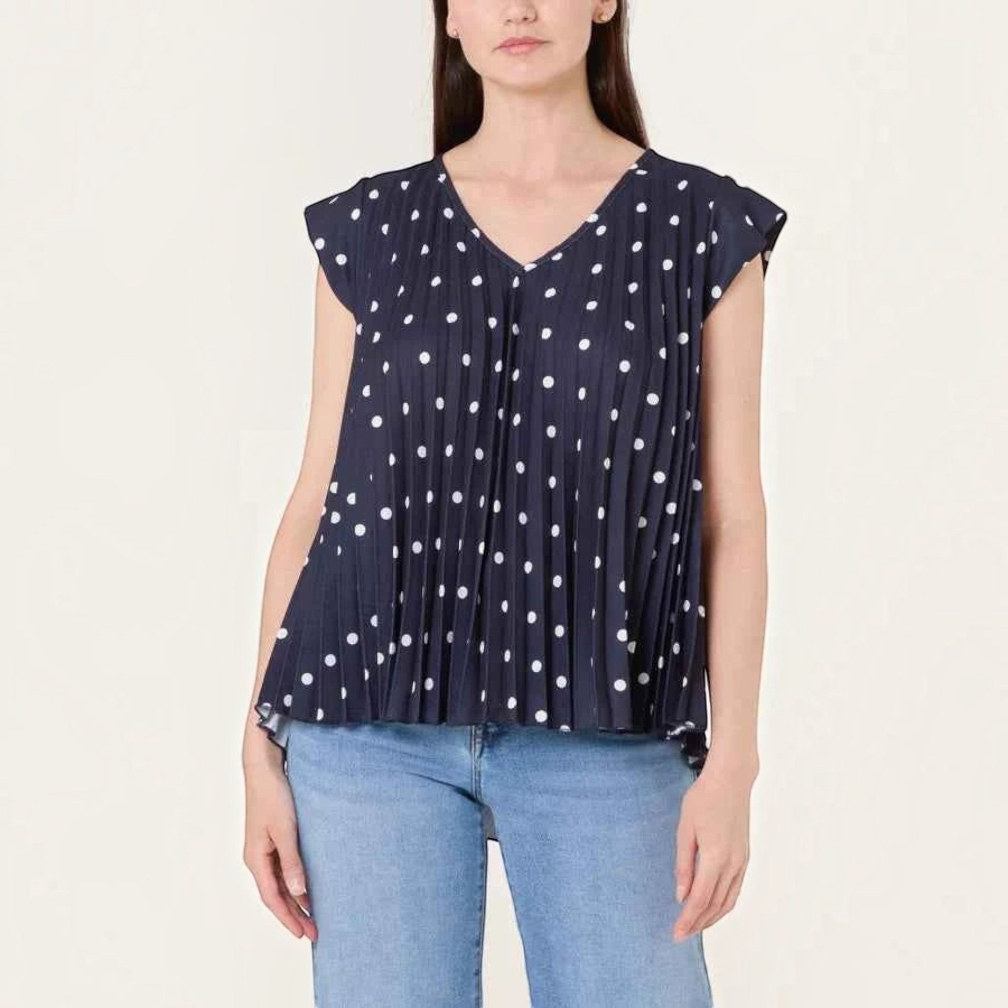 Ladies - V-Neck Polka Dot Pleated Top - Navy - Wildvine Clothing, Spalding, Lincolnshire