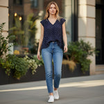 Ladies - V-Neck Polka Dot Pleated Top - Navy - Wildvine Clothing, Spalding, Lincolnshire