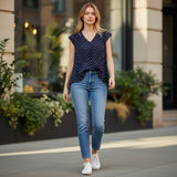 Ladies - V-Neck Polka Dot Pleated Top - Navy - Wildvine Clothing, Spalding, Lincolnshire