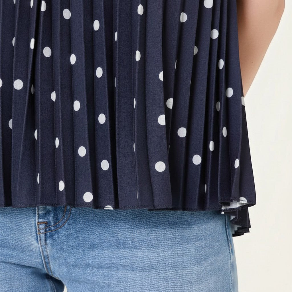 Ladies - V-Neck Polka Dot Pleated Top - Navy - Wildvine Clothing, Spalding, Lincolnshire