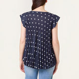 Ladies - V-Neck Polka Dot Pleated Top - Navy - Wildvine Clothing, Spalding, Lincolnshire