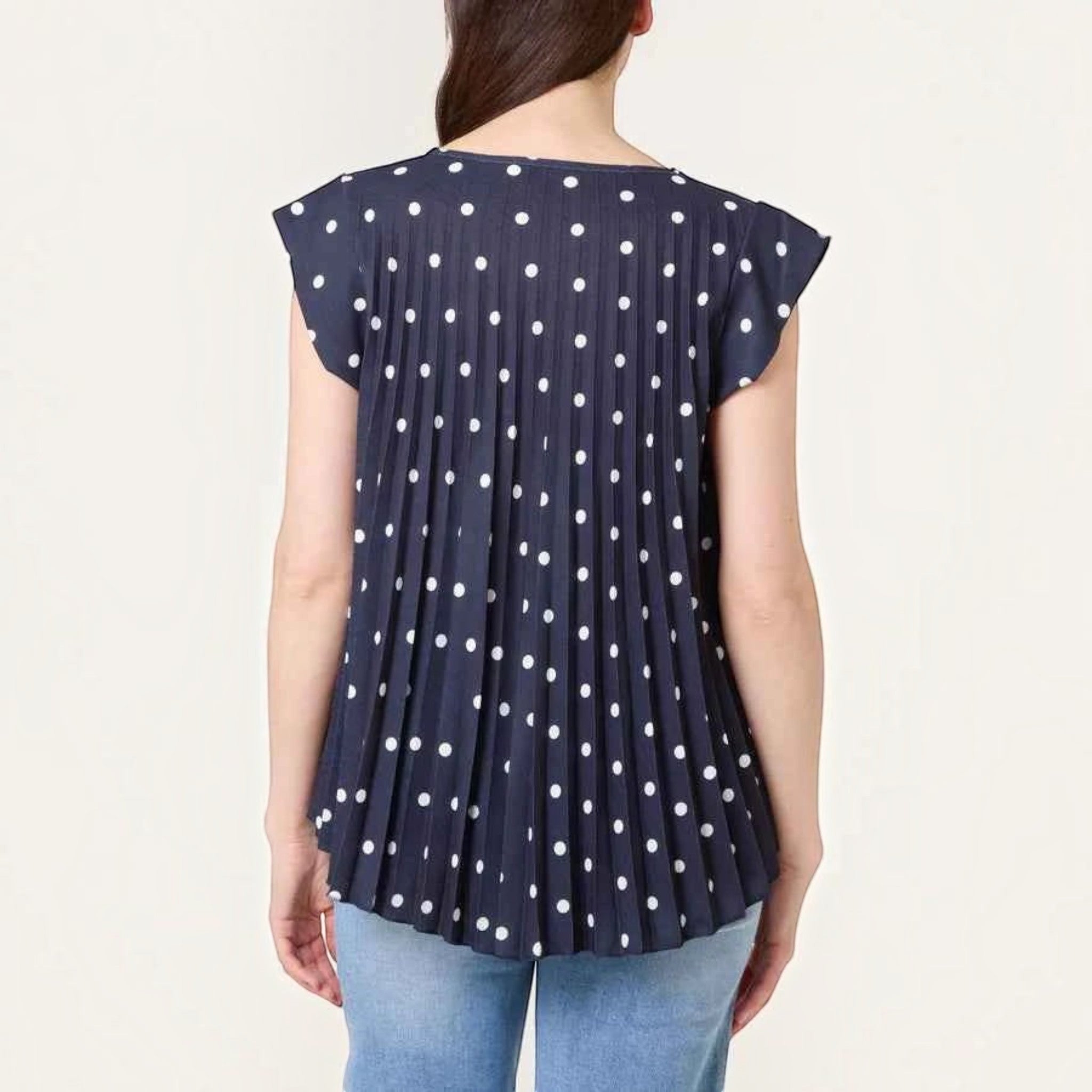 Ladies - V-Neck Polka Dot Pleated Top - Navy - Wildvine Clothing, Spalding, Lincolnshire