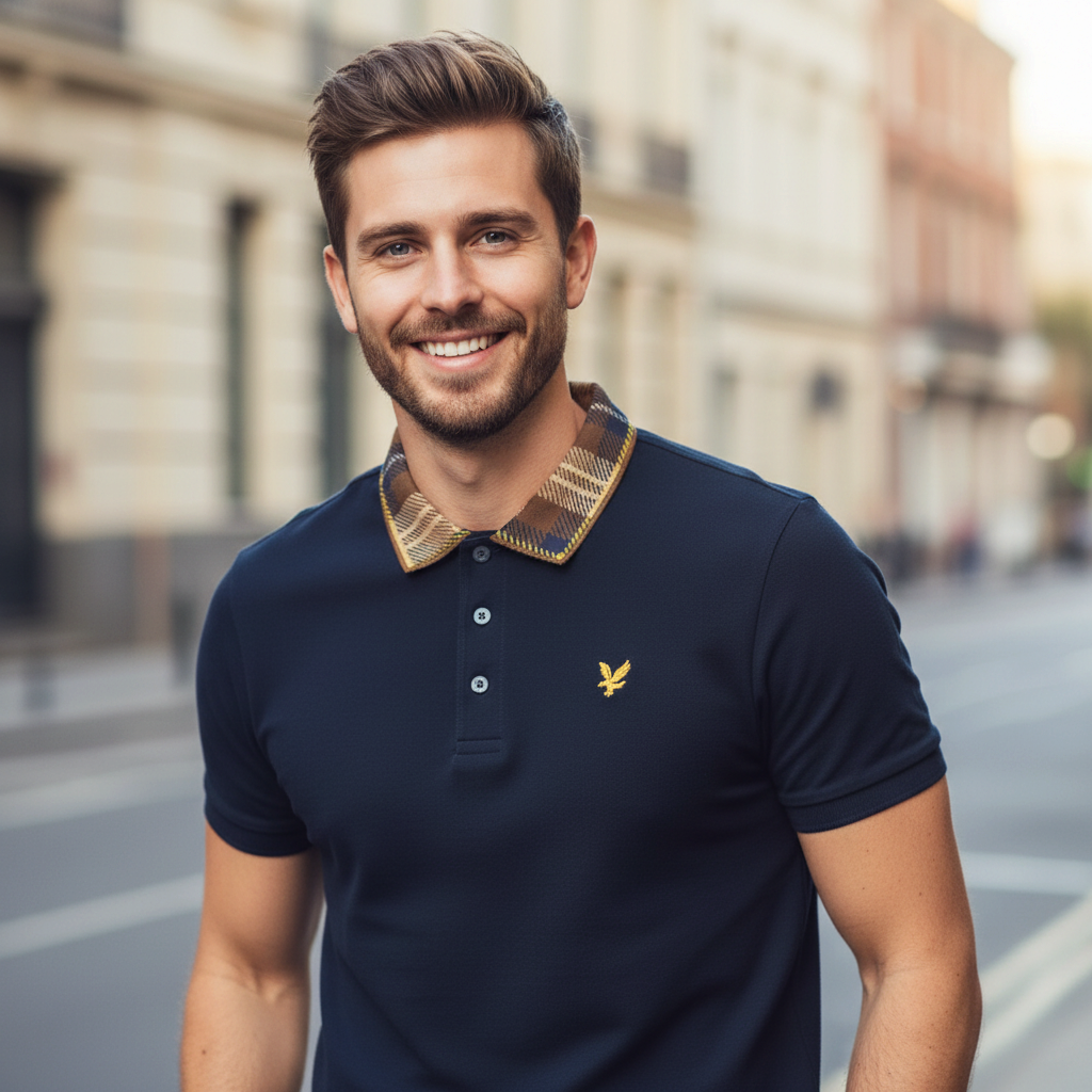 Lyle & Scott - Mens Tartan Collar Polo Shirt - Dark Navy / Brown - SP2531V Y652 - Wildvine Clothing, Spalding, Lincolnshire