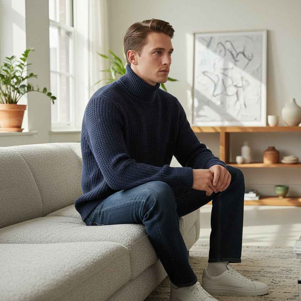 Fynch-Hatton - Mens Knitwear - Rollneck, Structure - Navy 690 - Wildvine Clothing, Spalding, Lincolnshire