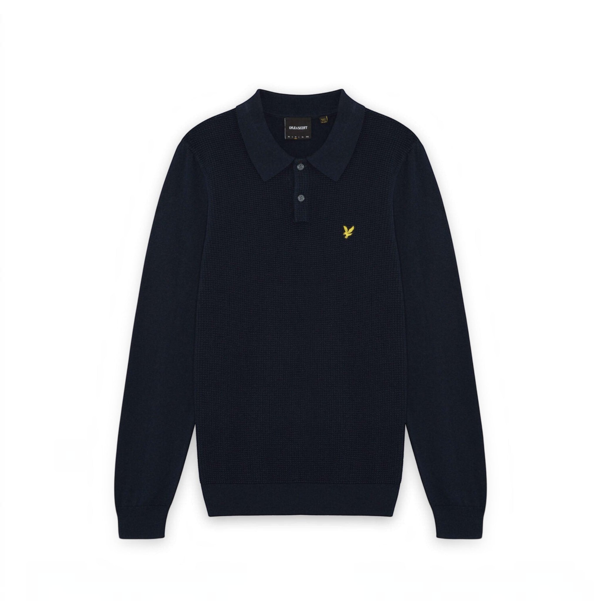 WILDVINE Clothing Co. Lyle & Scott dark navy waffle knit polo shirt with a classic collar and yellow logo embroidery.