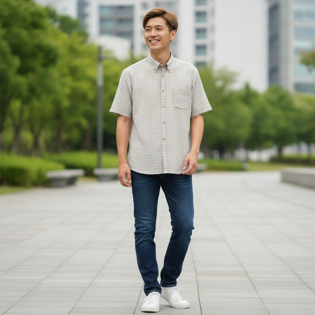 Gurteen - Mens - Seville - Modern Fit / Short Sleeved - Oatmeal Check 805 - Wildvine Clothing, Spalding, Lincolnshire