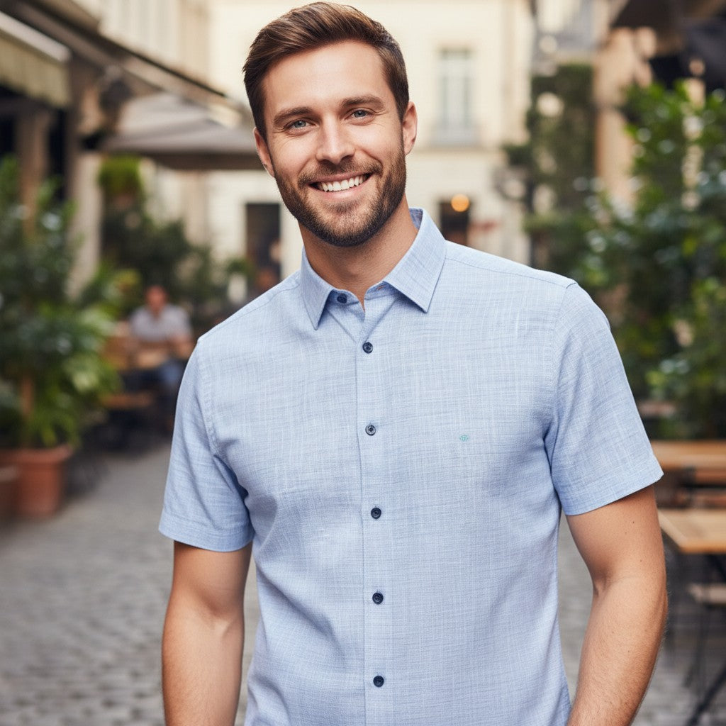 WILDVINE Clothing Co. men's ocean blue short sleeve casual shirt with textured weave and dark buttons on a smiling man