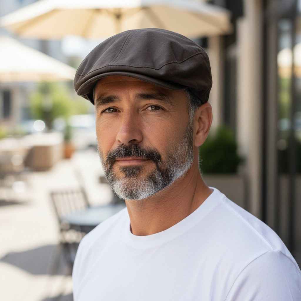 WILDVINE Clothing Co. Failsworth olive waxed cotton flat cap worn by a man in a white t-shirt outdoors.