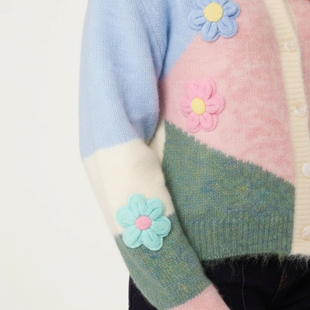 Wild Flower - Ladies - Colour Block Knit Flowers Cardigan - Wildvine Clothing, Spalding, Lincolnshire