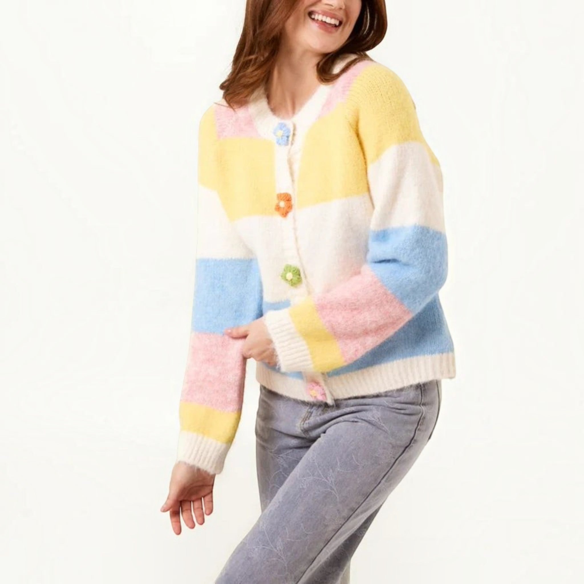 Wild Flower - Ladies - Striped Block Flower Button Knit Cardigan - Multi Colour - Wildvine Clothing, Spalding, Lincolnshire