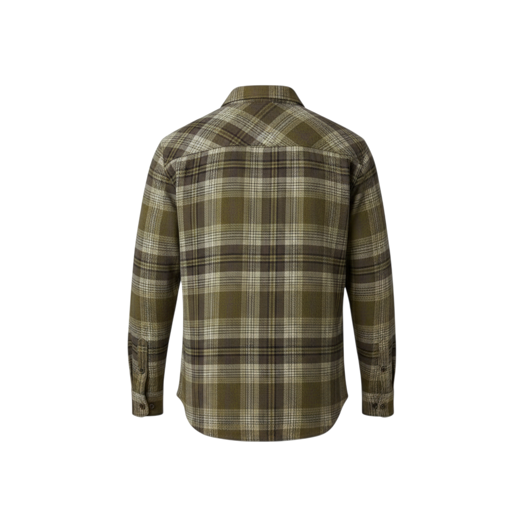 Back view of WILDVINE Clothing Co. Wrangler men's western shirt in pesto green and brown plaid pattern.