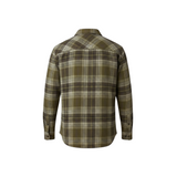 Back view of WILDVINE Clothing Co. Wrangler men's western shirt in pesto green and brown plaid pattern.