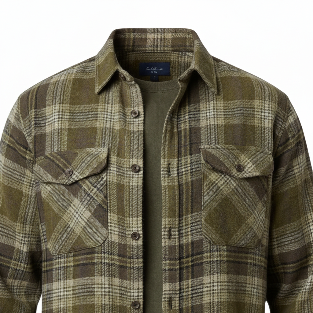 WILDVINE Clothing Co. men's pesto green plaid western shirt with dual button-flap chest pockets and structured collar.