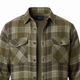 WILDVINE Clothing Co. men's pesto green plaid western shirt with dual button-flap chest pockets and structured collar.