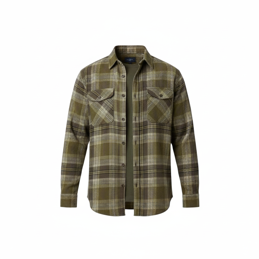 WILDVINE Clothing Co. men's pesto green and brown plaid western shirt with dual chest pockets and structured collar.