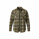 WILDVINE Clothing Co. men's pesto green and brown plaid western shirt with dual chest pockets and structured collar.
