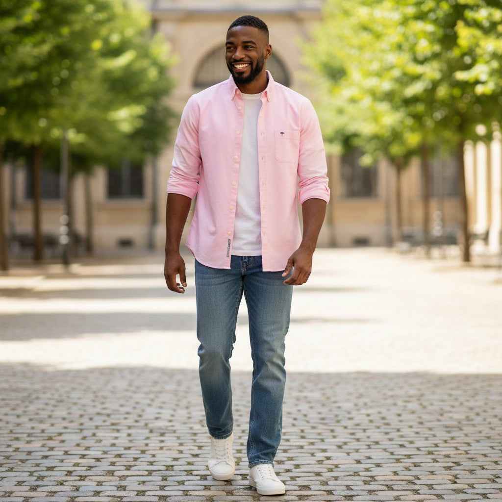 WILDVINE Clothing Co. man wearing a pink Fynch-Hatton Oxford shirt over a white tee and blue jeans on a cobblestone path