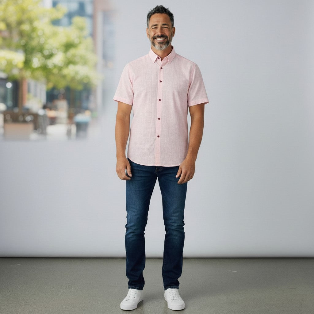 WILDVINE Clothing Co. model wearing a pink short sleeve casual button-down shirt with dark buttons and blue jeans.