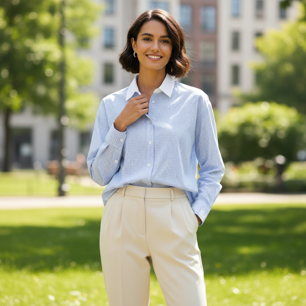 Fynch-Hatton - Ladies Blouse - Mini Check Collar - Powder Blue - 26101143 639 - Wildvine Clothing, Spalding, Lincolnshire