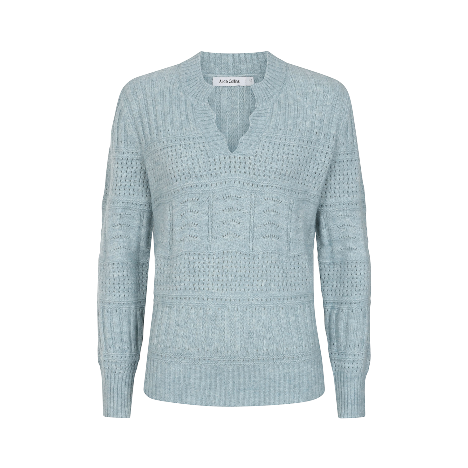 WILDVINE Clothing Co. Alice Collins powder blue V-neck pullover with textured knit pattern and ribbed trim