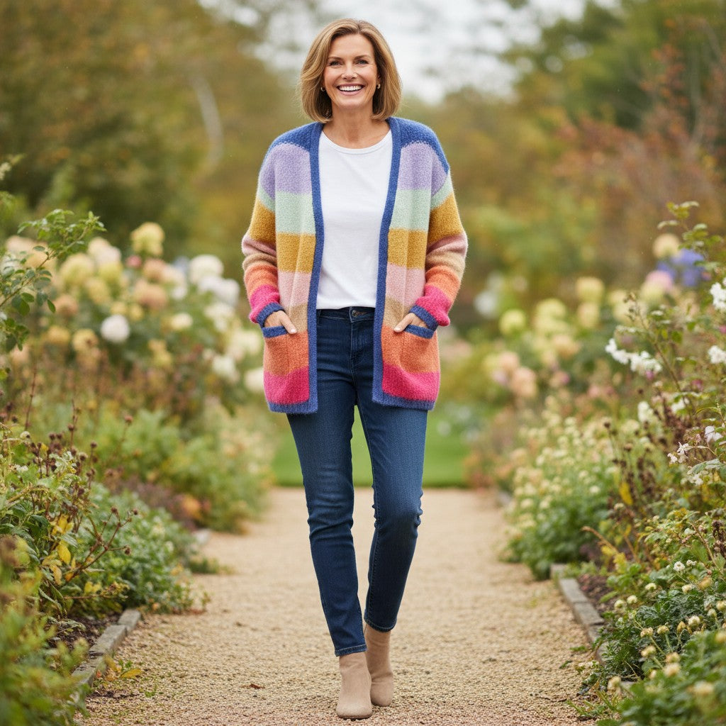 Wild Flower - Ladies - Rainbow Striped Knit Cardigan - Multi Colour - Wildvine Clothing, Spalding, Lincolnshire