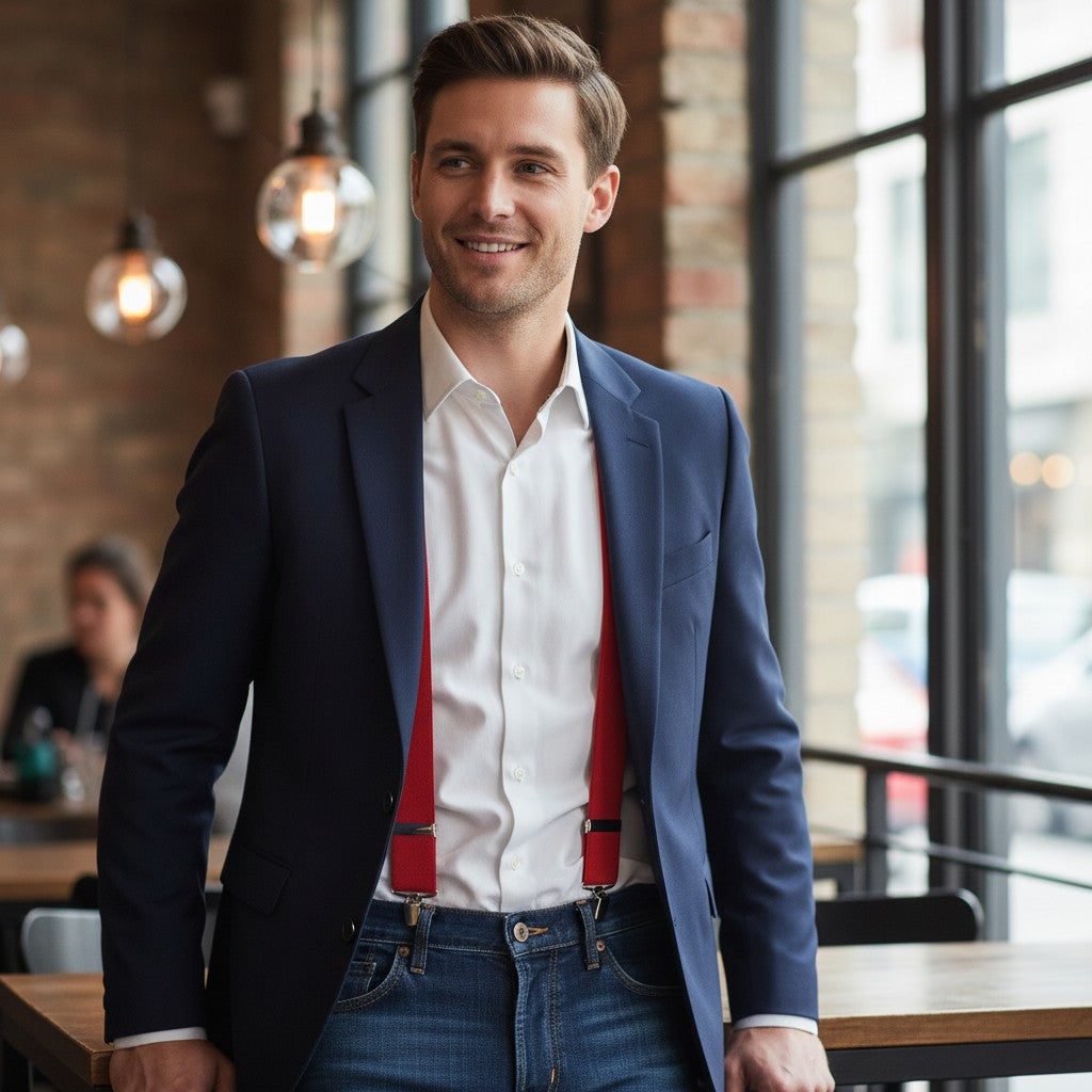 Hunt & Holditch - Mens - Plain Red Braces-Feathered Silver Clip - One Size - Wildvine Clothing, Spalding, Lincolnshire