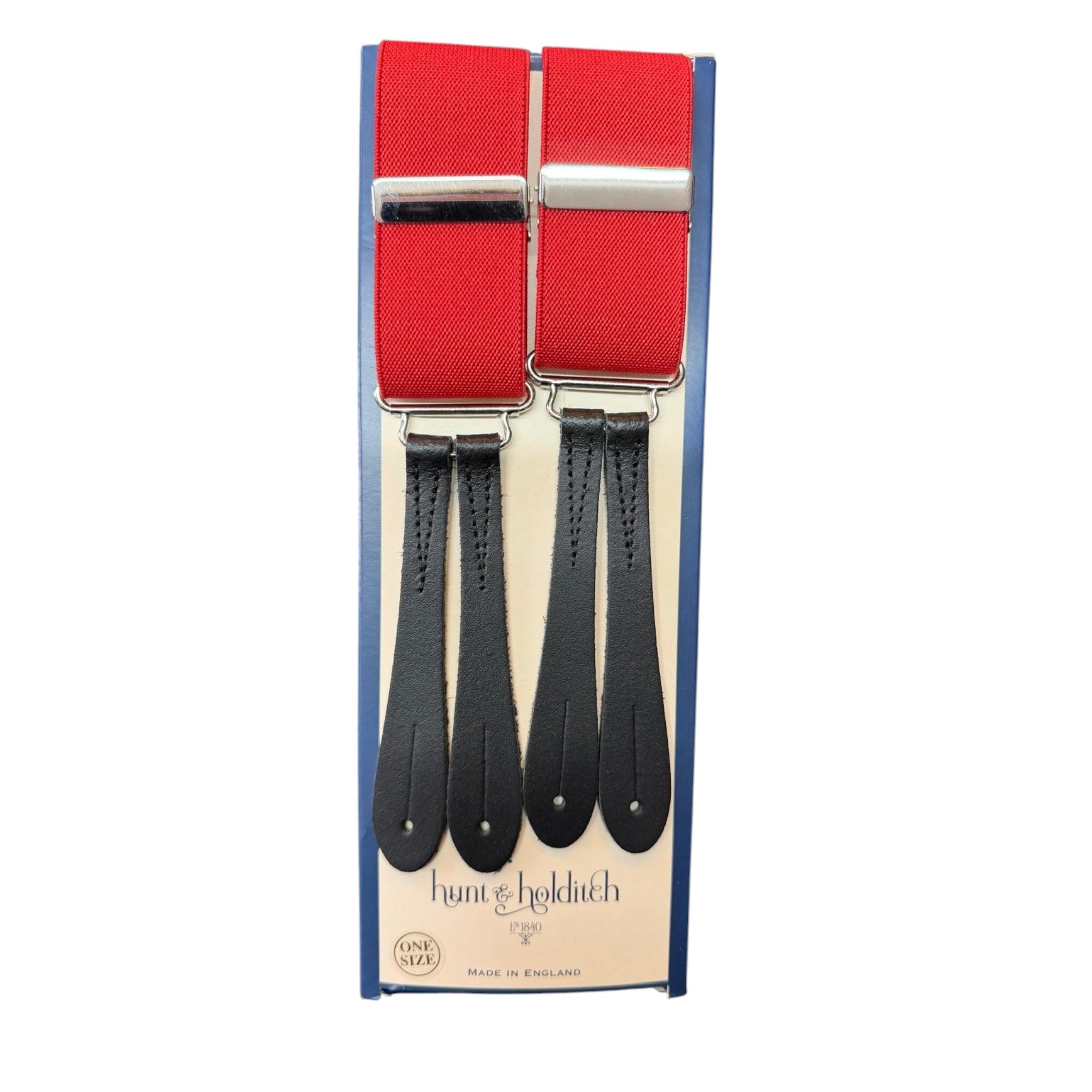 Hunt & Holditch - Mens - Plain Red Braces - Silver Fit-Black Leather - One Size - Wildvine Clothing, Spalding, Lincolnshire