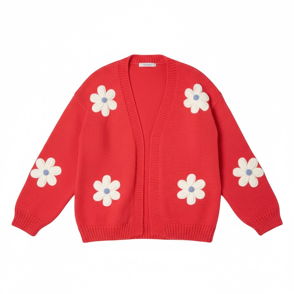 Wild Flower - Ladies - Flocking Daisy Open Knit Cardigan - Berry - Wildvine Clothing, Spalding, Lincolnshire
