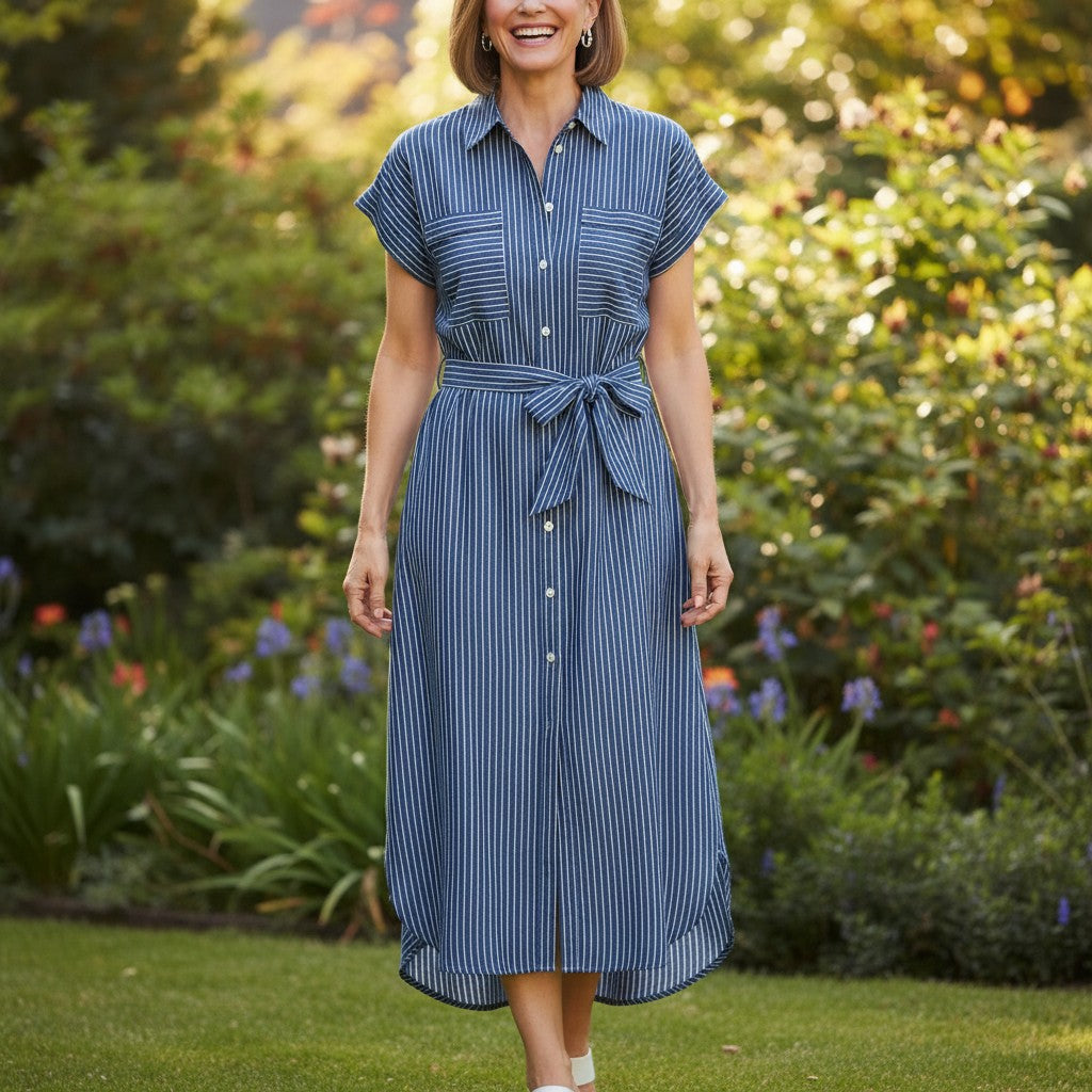 Alice Collins - Rochelle Stripe Dress - Rich Navy/Wild Oat - Wildvine Clothing, Spalding, Lincolnshire