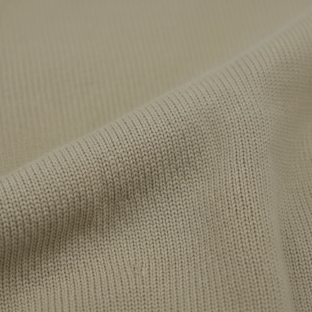 Close-up of sandstorm beige merino wool knit fabric from WILDVINE Clothing Co. showing fine texture and weave.