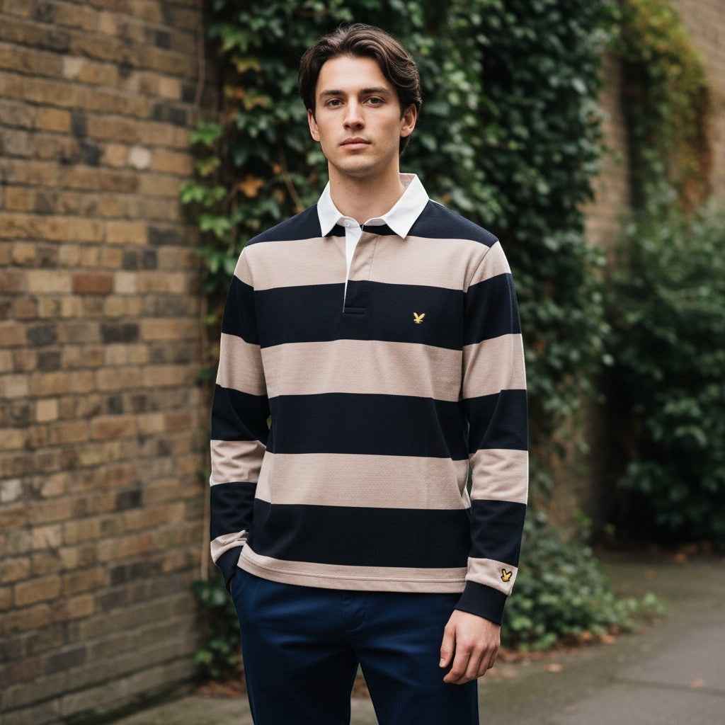 Lyle & Scott - Mens Striped Rugby Polo Shirt - Jet Black / White Heather X971 - Wildvine Clothing, Spalding, Lincolnshire