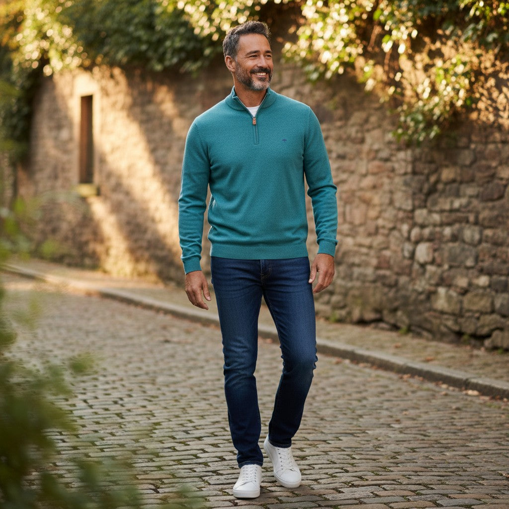 Fynch-Hatton - Mens Knitwear - Air Cotton Troyer-Zip - Teal - 1607316 673 - Wildvine Clothing, Spalding, Lincolnshire