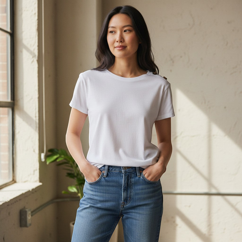Alice Collins - Button Shoulder Top - White - Wildvine Clothing, Spalding, Lincolnshire