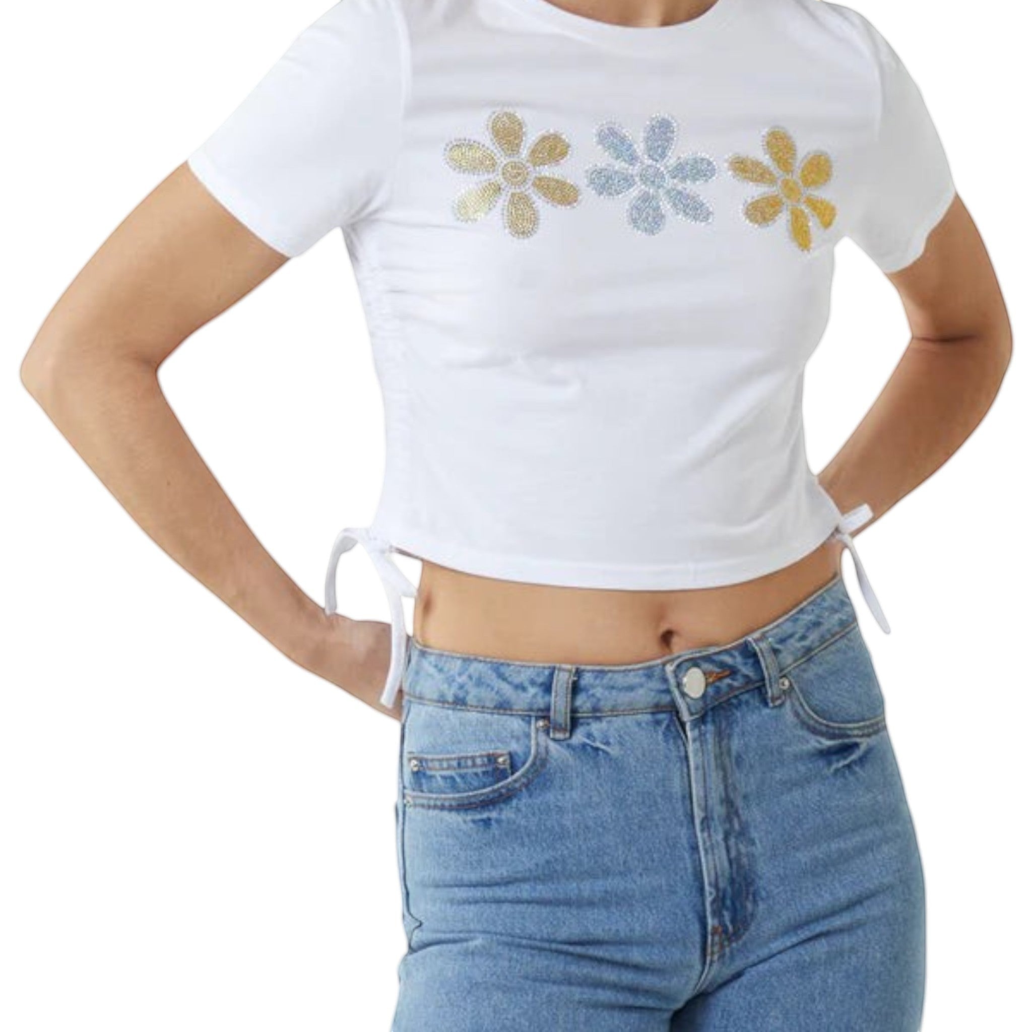 Wild Flower - Ladies - Side Tie Diamante Flower Corp Top - White - Wildvine Clothing, Spalding, Lincolnshire