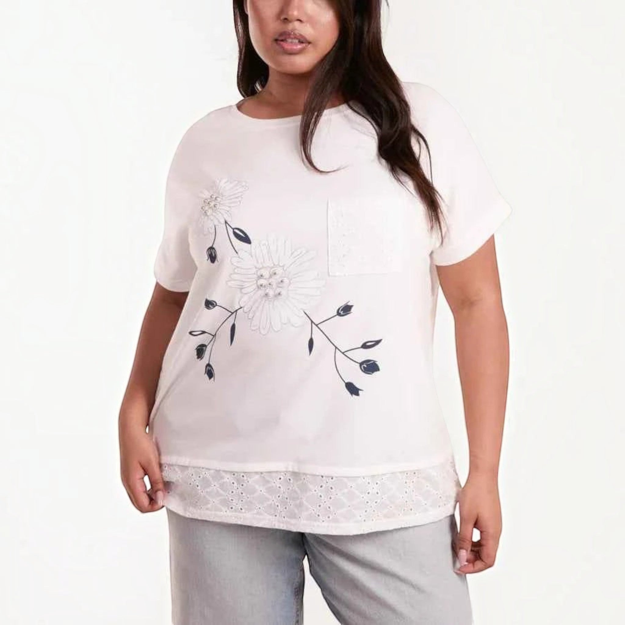Ladies - Curve Floral Design & Broderie Anglaise Top - White - Wildvine Clothing, Spalding, Lincolnshire