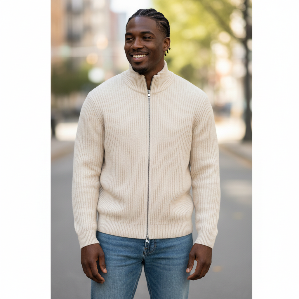 Fynch-Hatton - Mens Knitwear - 2-Tone Ribbed Zip Cardigan - Snow White - 1609618 829 - Wildvine Clothing, Spalding, Lincolnshire
