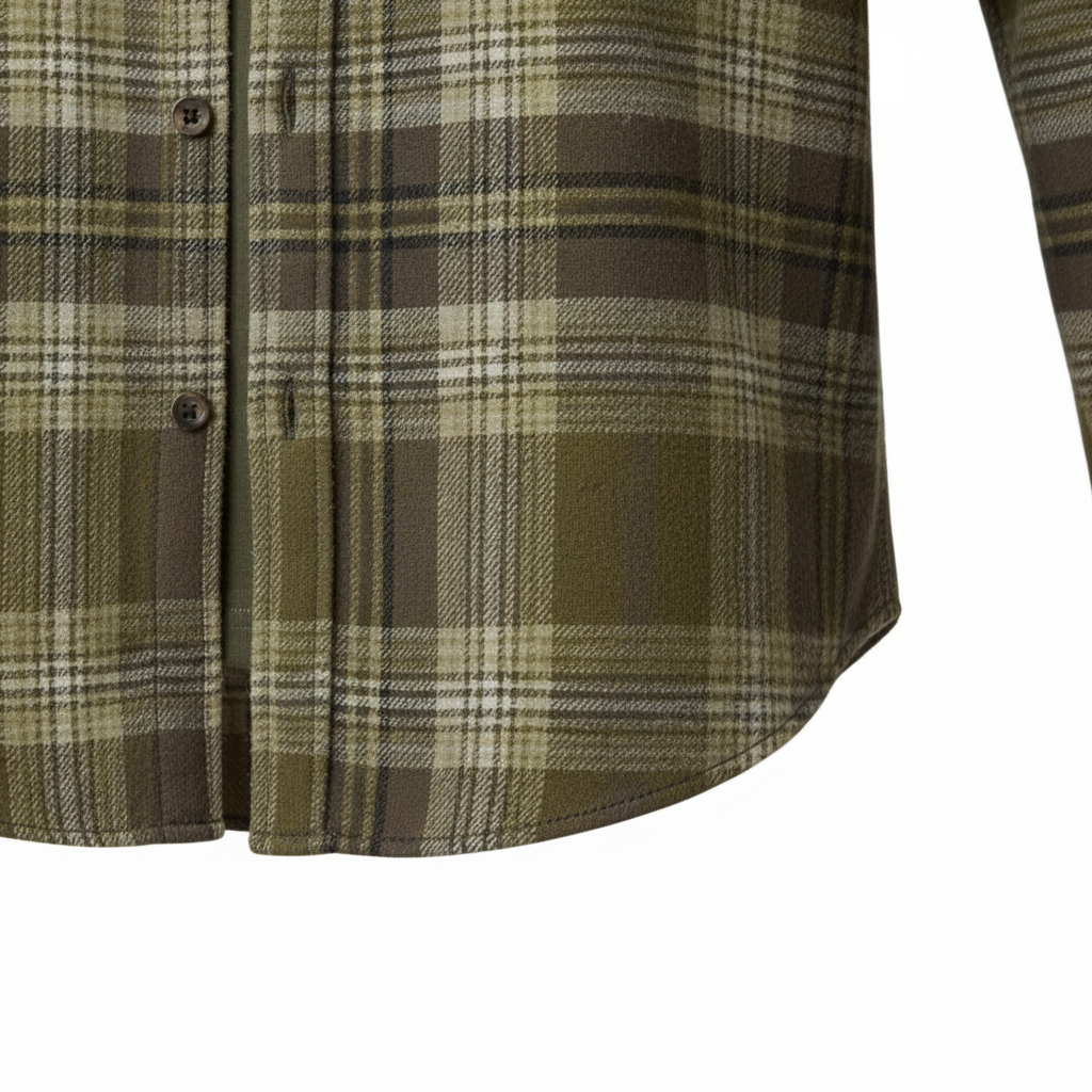 WILDVINE Clothing Co. Wrangler men's western shirt in pesto green and brown plaid with button-down front detail.