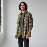 WILDVINE Clothing Co. Wrangler men's pesto green plaid western shirt worn over a t-shirt by a smiling man