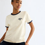 WILDVINE Clothing Co. Wrangler antique white ringer t-shirt with navy blue trim and vintage logo on chest